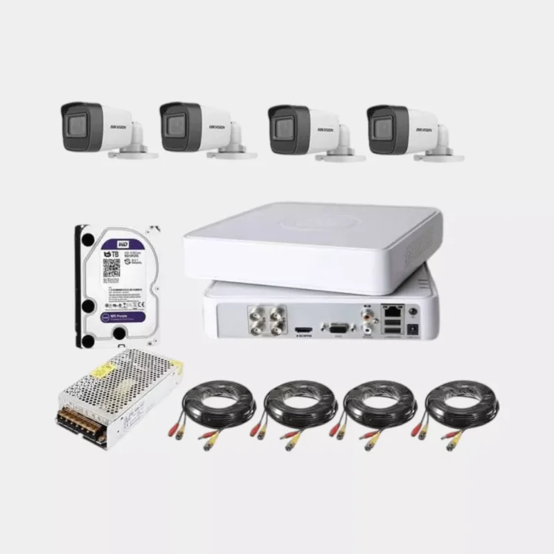 نظام مراقبة شامل من هيكفيجن مع كاميرات، DVR، هارد 500 جيجا، كابل ووصلات.