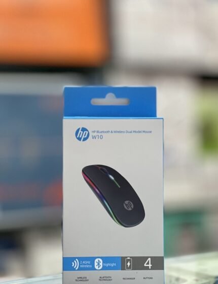ماوس HP W10 بتقنية لاسلكية وبلوتوث، تصميم أنيق مع إضاءة ملونة، يدعم الشحن وإعادة الاستخدام لراحة وسلاسة أكبر أثناء العمل أو اللعب.