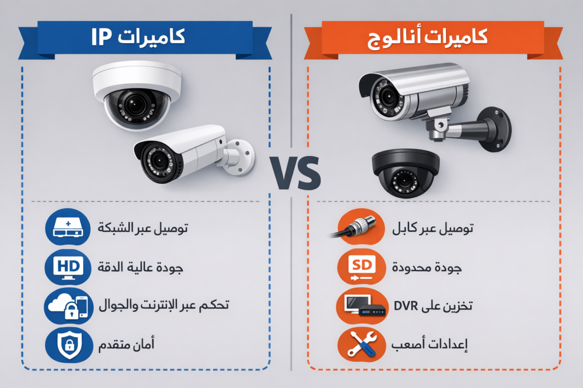 صورة توضيحية تقارن بين كاميرات المراقبة IP وكاميرات الأنالوج من حيث طريقة التوصيل، جودة الصورة، التخزين، وسهولة التحكم، مقدمة من شركة الرؤية الذكية.
