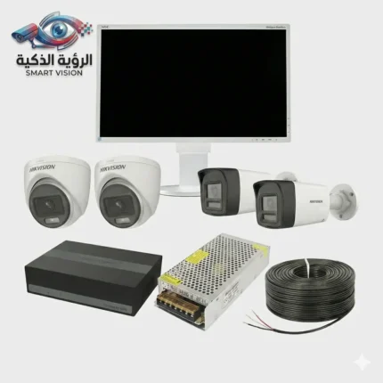 عرض سيستم كاميرات مراقبة كامل 4 كاميرات هيك فيجن وشاشة NEC وملحقات التركيب - الرؤية الذكية