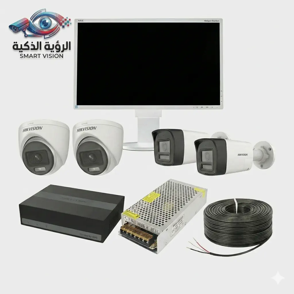 سيستم كاميرات مراقبة كامل 4 كاميرات عرض سيستم كاميرات مراقبة كامل 4 كاميرات هيك فيجن وشاشة NEC وملحقات التركيب - الرؤية الذكية