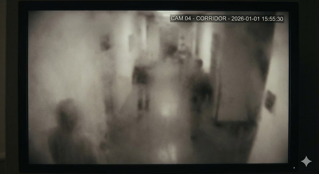 مثال واقعي لكاميرا مراقبة داخلية تعاني من رؤية ضبابية وعدم وضوح الصورة نتيجة تراكم الأتربة أو الرطوبة على العدسة في ممر خافت الإضاءة.