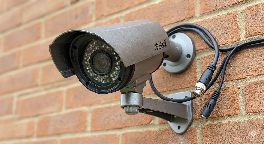 صورة مقربة لكاميرا مراقبة تناظرية (Analog Bullet Camera) مثبتة على حائط خارجي، توضح كابلات توصيل الكوكسيال والطاقة المنفصلة.