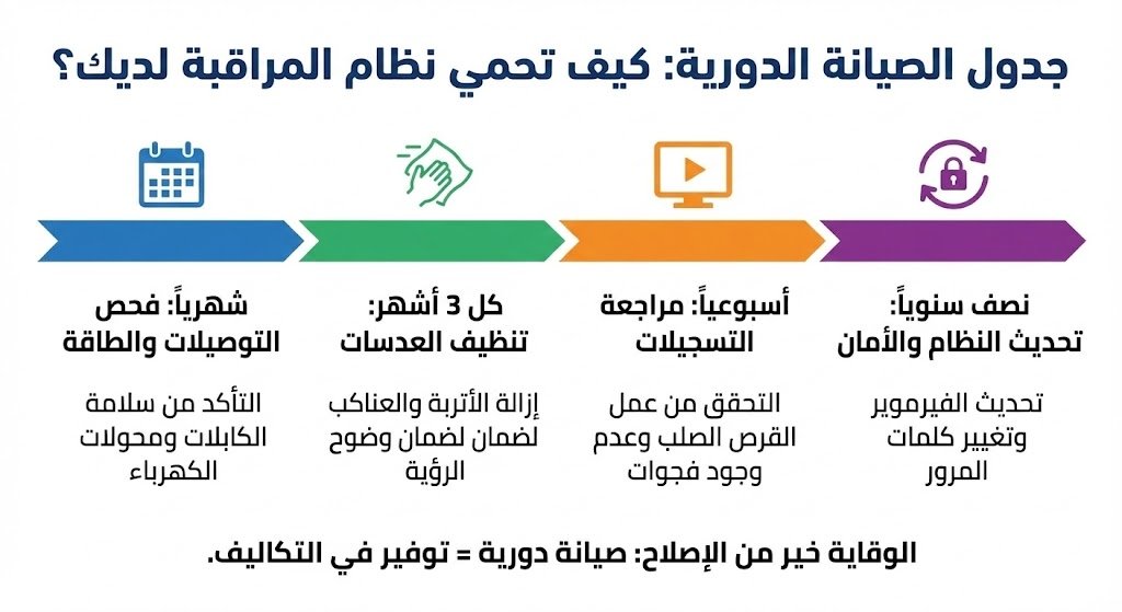 إنفوجرافيك يوضح جدول صيانة كاميرات المراقبة الدورية، مقسم إلى أربع خطوات زمنية: الفحص الشهري للتوصيلات، التنظيف ربع السنوي للعدسات، المراجعة الأسبوعية للتسجيلات، والتحديث نصف السنوي للنظام.