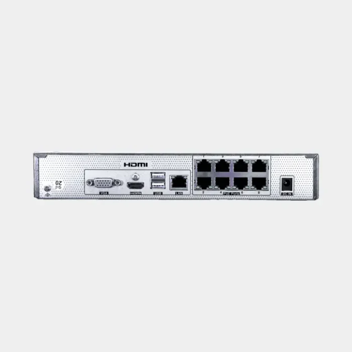 نافذ ومخارج جهاز التسجيل الشبكي 8 قنوات تظهر منافذ PoE ومخرج الشاشة HDMI