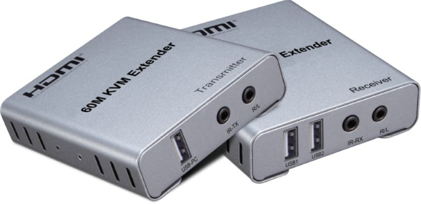 hdmi-60m-kvm-extender-transmitter-receiver جهاز مُمدد إشارة HDMI لنقل الإشارة حتى 60 متر مع دعم التحكم بالماوس والكيبورد (KVM).