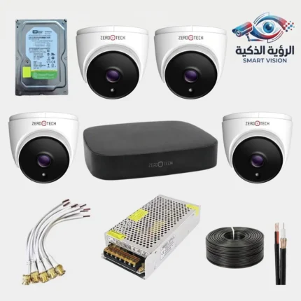 سيستم كاميرات مراقبة داخلي 4 كاميرا 2 ميجا زيرو تك، يشمل جهاز DVR، هارد 500 جيجا، باور سبلاي، وكابل 50 متر